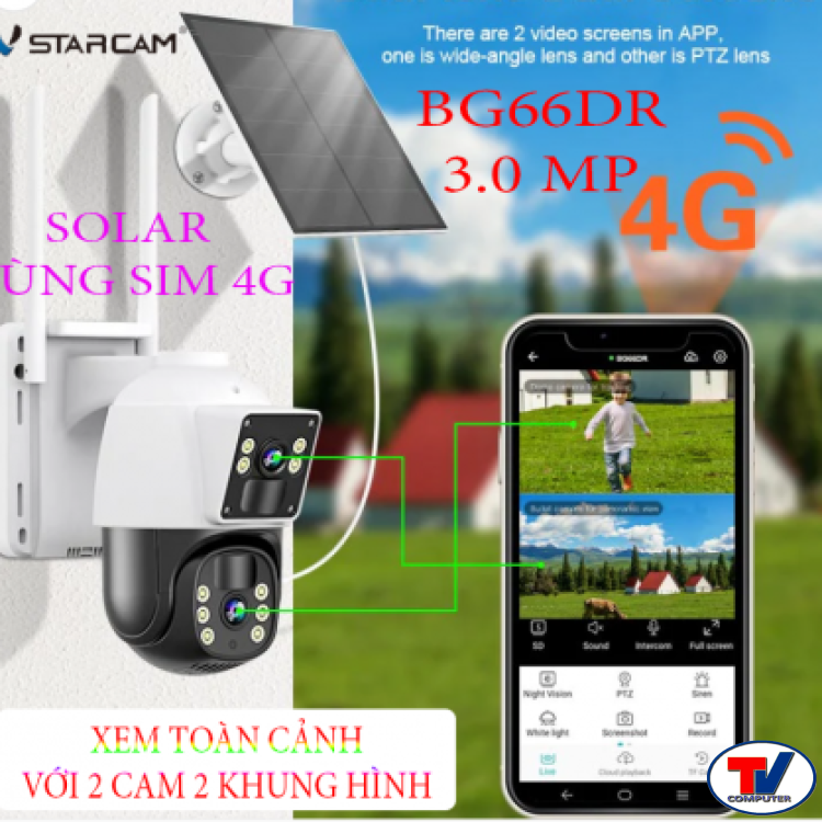 Camera Vstarcam BG66DR 3MP - SOLAR , DÙNG SIM 4G - 2 CAM 2 KHUNG HÌNH