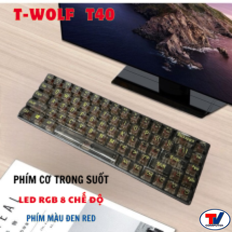 Keyboard Phím Cơ Mini T-wolf T40 Đen Red Led RGB, 68 Key, 8 Chế Độ